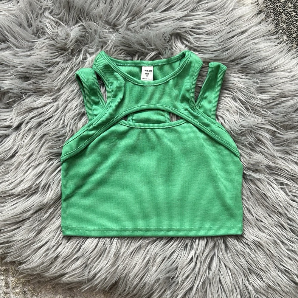 Girls Youth Green Cold Shoulder Ribbed Crop Top Size 9Y
